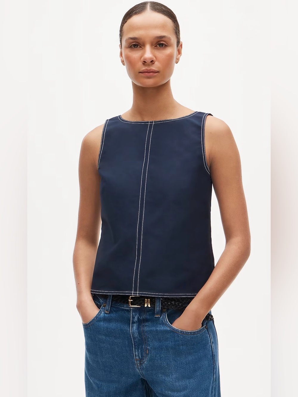 NWT J.Crew Contrast Stitch Shell Top in Double Cotton Poplin Navy Size 2